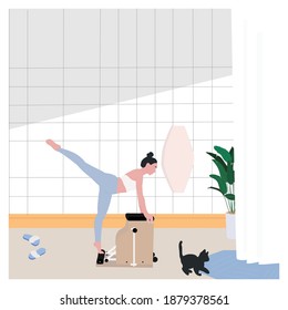 A woman doing pilates chair exercise with her cat at home - a concept illustration of lifestyle and workout