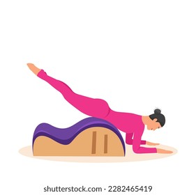 Woman doing Pilates with equipment. Equipment
 - back corrector for Pilates. Vector illustration
