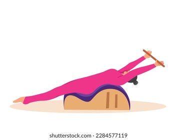 Woman doing Pilates with equipment. Equipment
 - back corrector for Pilates. Vector illustration
