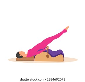 Woman doing Pilates with equipment. Equipment
 - back corrector for Pilates. Vector illustration
