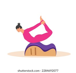 Woman doing Pilates with equipment. Equipment
 - back corrector for Pilates. Vector illustration
