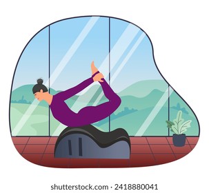 Woman doing Pilates with equipment. Equipment
 - back corrector for Pilates. The background is high windows, outside the window there is nature, mountains, trees, blue sky. Atmospheric. Vector 