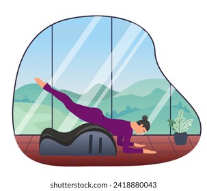 Woman doing Pilates with equipment. Equipment
 - back corrector for Pilates. The background is high windows, outside the window there is nature, mountains, trees, blue sky. Atmospheric. Vector 