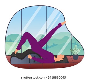 Woman doing Pilates with equipment. Equipment
 - back corrector for Pilates. The background is high windows, outside the window there is nature, mountains, trees, blue sky. Atmospheric. Vector 