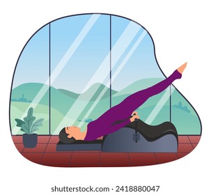 Woman doing Pilates with equipment. Equipment
 - back corrector for Pilates. The background is high windows, outside the window there is nature, mountains, trees, blue sky. Atmospheric. Vector 