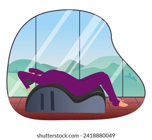 Woman doing Pilates with equipment. Equipment
 - back corrector for Pilates. The background is high windows, outside the window there is nature, mountains, trees, blue sky. Atmospheric. Vector 