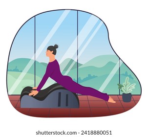 Woman doing Pilates with equipment. Equipment
 - back corrector for Pilates. The background is high windows, outside the window there is nature, mountains, trees, blue sky. Atmospheric. Vector 