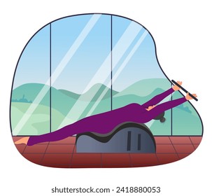 Woman doing Pilates with equipment. Equipment
 - back corrector for Pilates. The background is high windows, outside the window there is nature, mountains, trees, blue sky. Atmospheric. Vector 