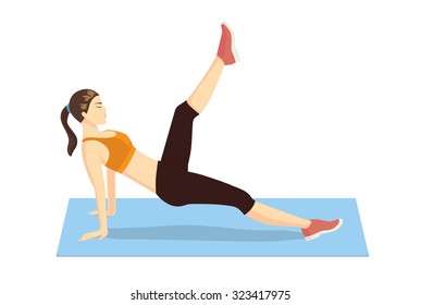 Woman doing Pilates exercises with lying on mat and try leg pull front