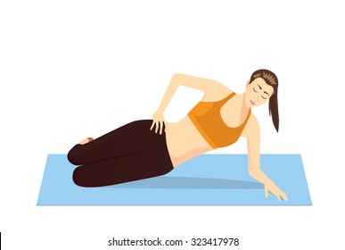 Woman doing Pilates exercises for strong side abdominals with lying side hip raises