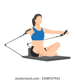 Woman doing Pilates workout on reformer machine. Flat vector illustration isolated on white background