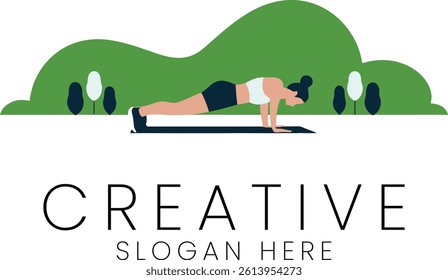 Woman doing plank exercise outdoors. Healthy lifestyle concept. Perfect for fitness blogs. green