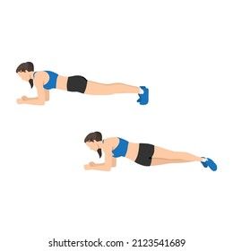Woman Doing Plank Hip Dips Exercise. Flat Vector Illustration Isolated On White Background