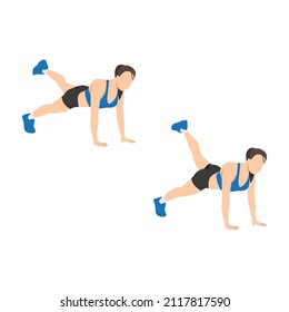 Woman doing plank leg extension pulses exercise. Flat vector illustration isolated on white background