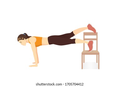 Woman doing Plank with Leg Extensions with chair. Illustration about workout diagram while stay at Home.