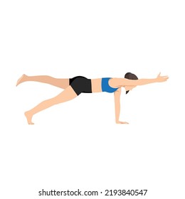 Woman Doing Plank Pose One Arm Leg Lift. Beautiful Girl Practice Phalakasana Eka Pada Eka Hasta. Flat Vector Illustration Isolated On White Background