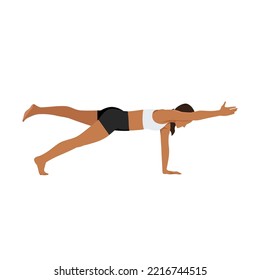 Woman doing Plank Pose One Arm Leg Lift. Beautiful girl practice Phalakasana Eka Pada Eka Hasta. Flat vector illustration isolated on white background