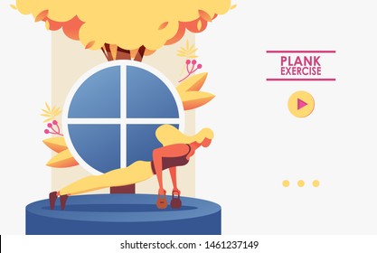Woman doing plank position in yoga. Vector concept banner for healthy lifestyle or gym courses