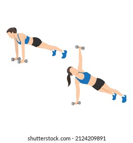 Woman doing Plank rotation exercise. Flat vector illustration isolated on white background