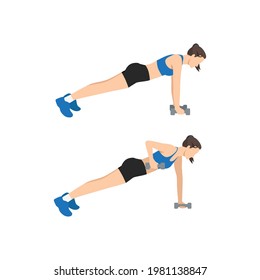 Mujer haciendo ejercicio de fila Plank y Row o Renegade. Ilustración vectorial plana aislada en fondo blanco