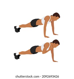 Woman doing Plank shoulder taps exercise. Flat vector illustration isolated on white background