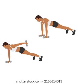 Woman doing Plank straight arm kickback exercise. Flat vector illustration isolated on white background