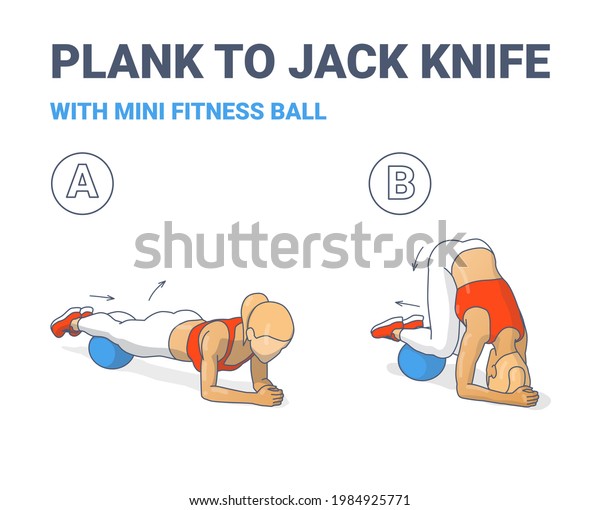 Woman Doing Plank to Twist Jack Knife with Bare\
Ball Home Workout Exercise Guidance Illustration. Concept of Girl\
Working at Home on Her Abs a Young Woman with Mini Fit Doing Plank\
to Pike.