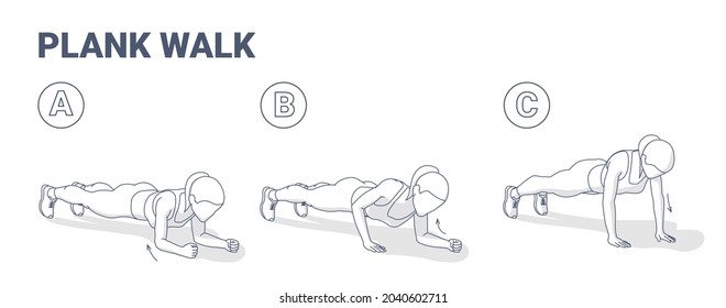 Woman Doing Plank Walk Up Exercise Fitness Home Workout Guidance Illustration. Walking Plank Up-downs Sports Exercise for Women Abs and Core Training. Plank to Push Ups Movement Instruction