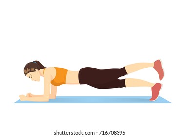 Woman Doing A Plank Workout With A Straight Leg Raise On Blue Mat Isolated On Withe. Illustration About Exercise Cartoon.