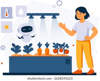 woman doing plant research with the help of robot with flat design concept and modern style