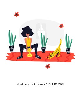 Woman doing plie dumbbell squat at home. Fitness blog and Workout app concept. Active lifestyle and fitness training. Modern flat cartoon style. 