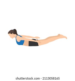 Woman doing pose salabhasana exercise. Flat vector illustration isolated on white background