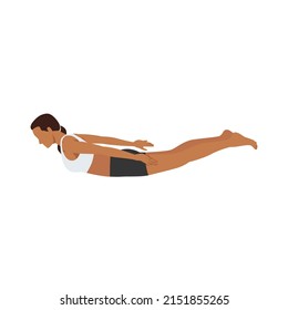 Woman doing pose salabhasana exercise. Flat vector illustration isolated on white background
