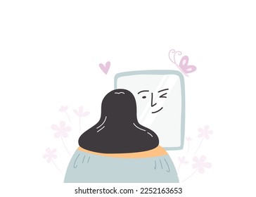 A woman doing positive self talk in front of mirror, mental health concept. Flat vector illustration.