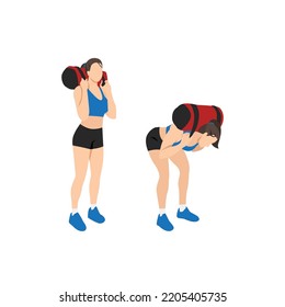 Woman Doing Power Bag Or Sandbag Good Morning Exercise For Backside Workout. Flat Vector Illustration Isolated On White Background