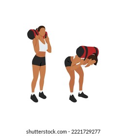 Woman Doing Power Bag Or Sandbag Good Morning Exercise For Backside Workout. Flat Vector Illustration Isolated On White Background