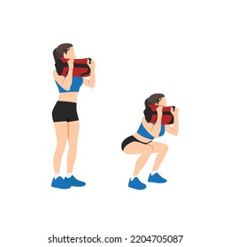 Woman Doing Powerbag Or Sandbag Squat In 2 Steps In Side View. Flat Vector Illustration Isolated On White Background