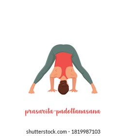 Woman doing prasarita padottanasana position. Wide legged forward bend pose. Flat vector illustration isolated on white background