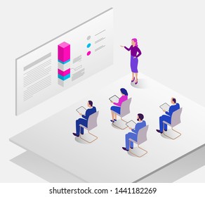 Woman doing a presentation explaining charts on board for the audience. Isometric vector illustration.