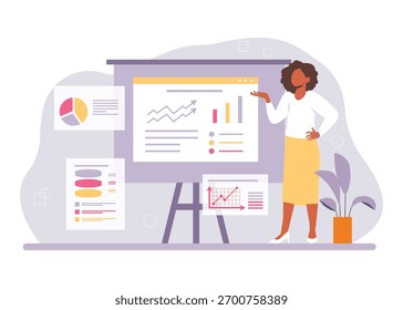 Una mujer está haciendo una presentación, capacitación, informe de progreso. Ilustración de stock