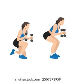 Woman doing prisoner get up exercise with dumbbells for quads. Flat vector illustration isolated on white background