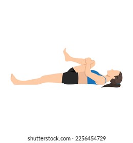 woman doing prone hamstring stretch or laying hamstring stretch. Flat vector illustration isolated on white background