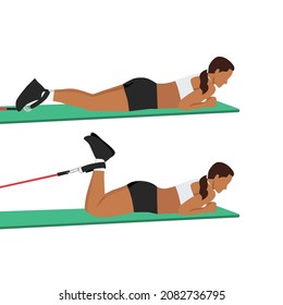 Woman Doing Prone Leg Curl Exercise. Flat Vector Illustration Isolated On White Background