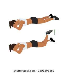 Woman doing prone or lying knee bends exercise. Flat vector illustration isolated on white background