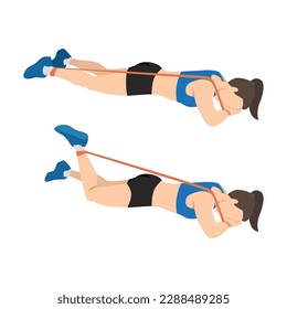 Woman doing prone or lying resistance band knee bends exercise. Flat vector illustration isolated on white background