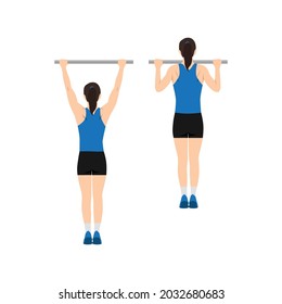 Woman doing Pull up exercise. Flat vector illustration isolated on white background