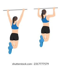 Mujer haciendo ejercicio de Pull up. Ilustración vectorial plana aislada en fondo blanco