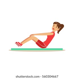 Woman Doing Pull Ups For Abs On Mat , Member Of The Fitness Club Working Out And Exercising In Trendy Sportswear