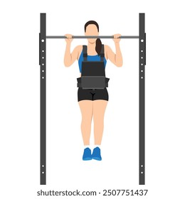 Mujer haciendo pull ups con chaleco de peso puesto. Ilustración vectorial plana aislada sobre fondo blanco