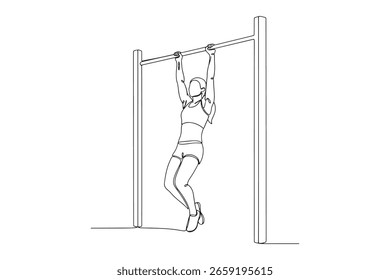 A woman is doing a pull-up exercise. This line art illustration shows a fitness workout for strength and a healthy lifestyle. 